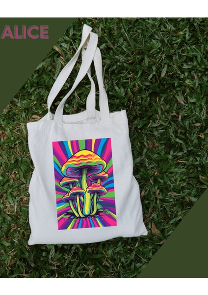 Psydelic Alice Psychedelic Illustration Tote Bag, Mushroom Trance Goa Hippi Kanvas Bez Çanta modelleri