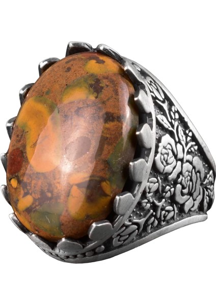 Doğal Jasper Taşı Yüzük, Büyük Yüzük, 925 Ayar Gümüş Yüzük Erkekler Için