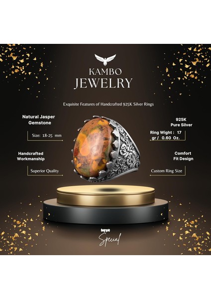 Doğal Jasper Taşı Yüzük, Büyük Yüzük, 925 Ayar Gümüş Yüzük Erkekler Için fiyatları