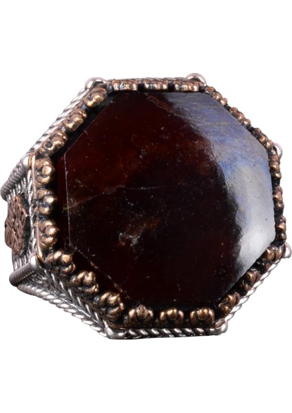 Doğal Taş Yüzük - Sekizgen Tasarım - El Yapımı 925 Ayar Gümüş Takı (Granat)