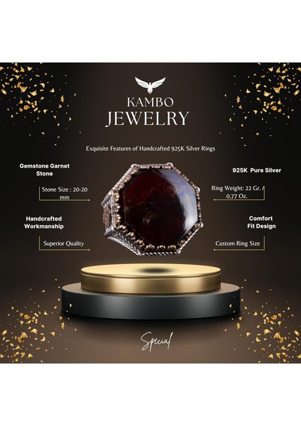 Doğal Taş Yüzük - Sekizgen Tasarım - El Yapımı 925 Ayar Gümüş Takı (Granat) fiyatları