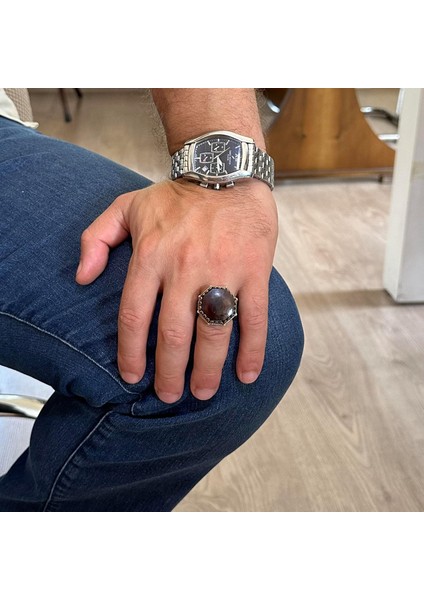 Doğal Taş Yüzük - Sekizgen Tasarım - El Yapımı 925 Ayar Gümüş Takı (Granat) modelleri