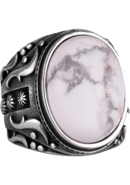 Doğal Howlite Taşlı Gümüş Yüzük, 925 Ayar Katı Gümüş Erkek Yüzüğü, Tasarım Gümüş Erkek Yüzüğü