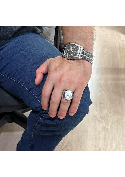 Doğal Howlite Taşlı Gümüş Yüzük, 925 Ayar Katı Gümüş Erkek Yüzüğü, Tasarım Gümüş Erkek Yüzüğü modelleri