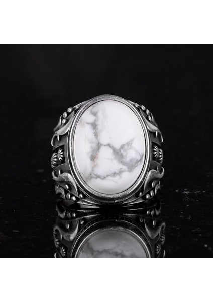 Doğal Howlite Taşlı Gümüş Yüzük, 925 Ayar Katı Gümüş Erkek Yüzüğü, Tasarım Gümüş Erkek Yüzüğü fırsatları