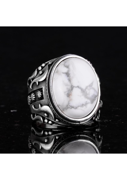 Doğal Howlite Taşlı Gümüş Yüzük, 925 Ayar Katı Gümüş Erkek Yüzüğü, Tasarım Gümüş Erkek Yüzüğü indirimleri