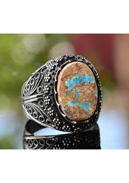 Doğal Turkuaz Taş Yüzük, 925 Ayar Gümüş Yüzük, Erkekler Için Boho Yüzük indirimleri