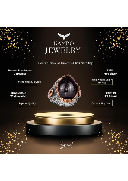 925 Ayar Gümüş Erkek Yüzük Doğal Star Garnet Taşı - El Yapımı Ifadesel Takı fiyatları