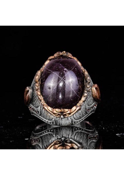 925 Ayar Gümüş Erkek Yüzük Doğal Star Garnet Taşı - El Yapımı Ifadesel Takı fırsatları