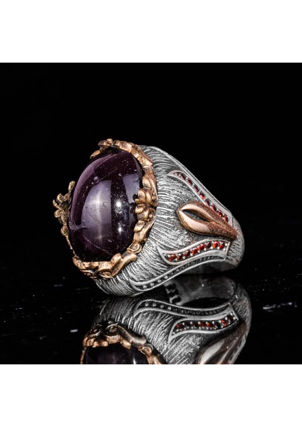 925 Ayar Gümüş Erkek Yüzük Doğal Star Garnet Taşı - El Yapımı Ifadesel Takı indirimleri