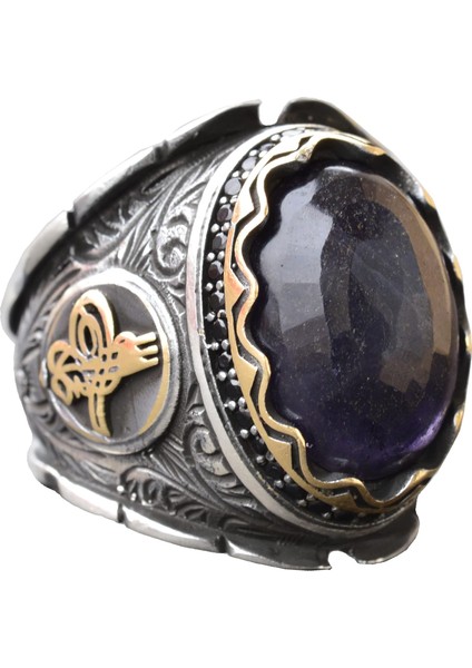 El Yapımı 925 Ayar Gümüş Erkek Yüzük, Mavi Safir Taşı - Karmaşık Osmanlı Işlemeli Tasarım, Ortadoğu Etkili Yüzük