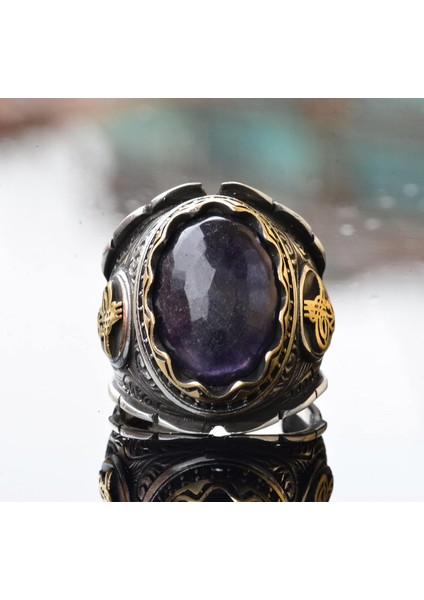 El Yapımı 925 Ayar Gümüş Erkek Yüzük, Mavi Safir Taşı - Karmaşık Osmanlı Işlemeli Tasarım, Ortadoğu Etkili Yüzük fiyatları