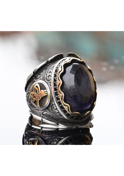 El Yapımı 925 Ayar Gümüş Erkek Yüzük, Mavi Safir Taşı - Karmaşık Osmanlı Işlemeli Tasarım, Ortadoğu Etkili Yüzük modelleri