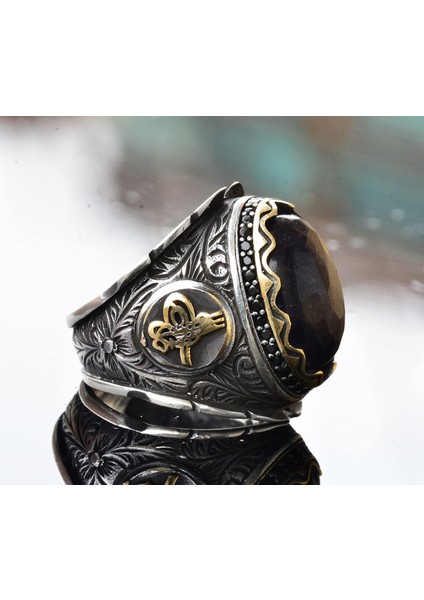 El Yapımı 925 Ayar Gümüş Erkek Yüzük, Mavi Safir Taşı - Karmaşık Osmanlı Işlemeli Tasarım, Ortadoğu Etkili Yüzük fırsatları