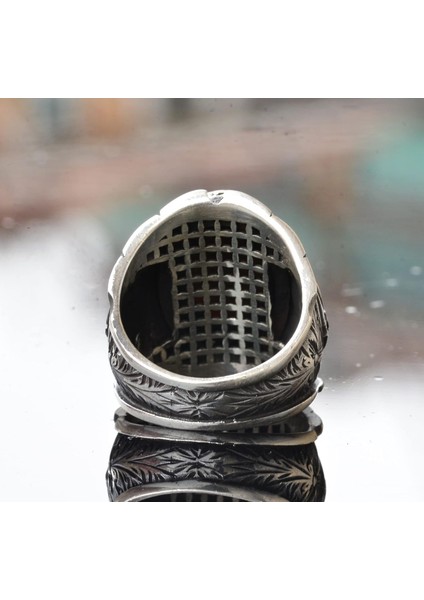 El Yapımı 925 Ayar Gümüş Erkek Yüzük, Mavi Safir Taşı - Karmaşık Osmanlı Işlemeli Tasarım, Ortadoğu Etkili Yüzük indirimleri