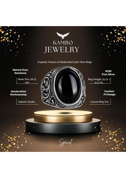 Doğal Oniks Taş Yüzük, 925 Ayar Katı Gümüş Erkek Yüzük, Tutku ve Enerji Tasarımı fiyatları