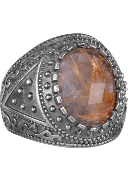 Doğal Taş Yüzük, 925K Katı Gümüş Erkek Yüzüğü (Rutilatlı Kuvars)