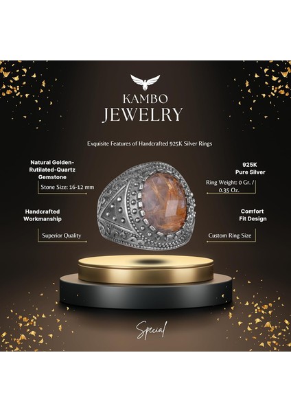 Doğal Taş Yüzük, 925K Katı Gümüş Erkek Yüzüğü (Rutilatlı Kuvars) fiyatları