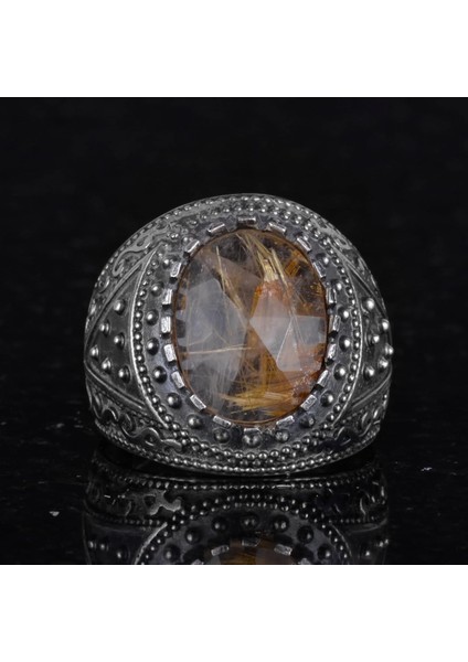 Doğal Taş Yüzük, 925K Katı Gümüş Erkek Yüzüğü (Rutilatlı Kuvars) fırsatları