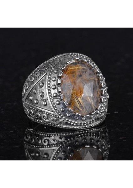 Doğal Taş Yüzük, 925K Katı Gümüş Erkek Yüzüğü (Rutilatlı Kuvars) indirimleri