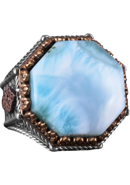 Doğal Taş Yüzük - Sekizgen Tasarım - El Yapımı 925 Ayar Gümüş Takı (Larimar)