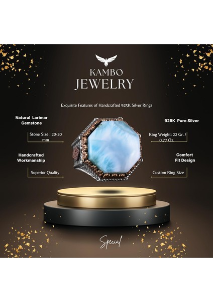 Doğal Taş Yüzük - Sekizgen Tasarım - El Yapımı 925 Ayar Gümüş Takı (Larimar) fiyatları