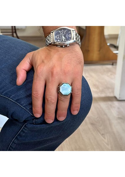 Doğal Taş Yüzük - Sekizgen Tasarım - El Yapımı 925 Ayar Gümüş Takı (Larimar) modelleri