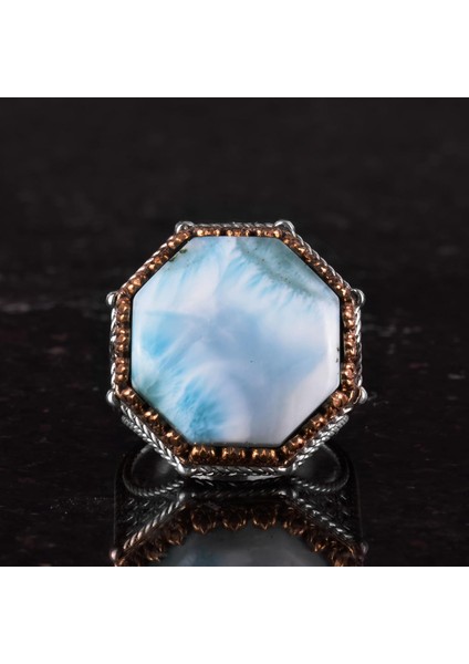 Doğal Taş Yüzük - Sekizgen Tasarım - El Yapımı 925 Ayar Gümüş Takı (Larimar) fırsatları