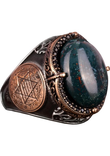 Davud Yıldızı Yüzüğü, Doğal Yeşil Kan Taşı Yüzüğü - 925 Ayar Gümüş Yüzük Erkekler Için