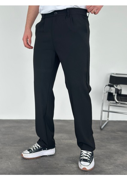 Erkek Baggy Fit Pileli Kumaş Pantolon Siyah