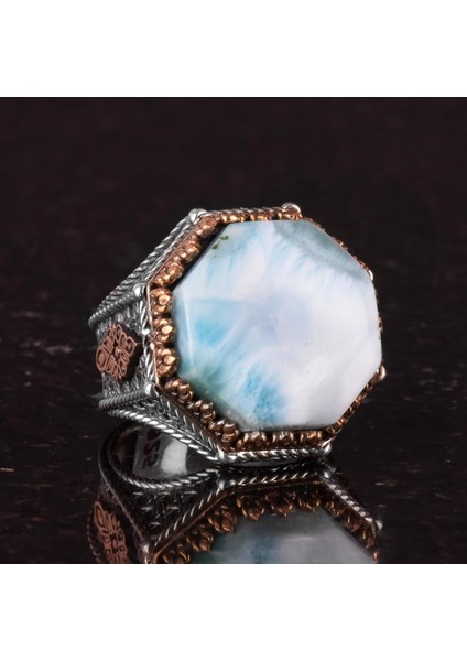Doğal Taş Yüzük - Sekizgen Tasarım - El Yapımı 925 Ayar Gümüş Takı (Larimar) indirimleri