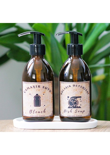 JUNİBELİW 3lü Set Vintage Serisi Amber Cam Şişe 2X250ML Bulaşık Deterjanı Çamaşır Suyu Etiketli+ Altlık