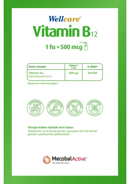 Vitamin B12 (Metilkobalamin) 500 Mcg Dil Altı Sprey 5 ml