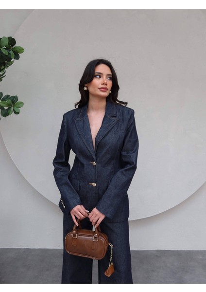 Gold Düğme Detaylı Denim Blazer Ceket
