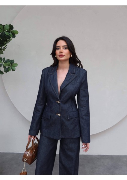 Gold Düğme Detaylı Denim Blazer Ceket