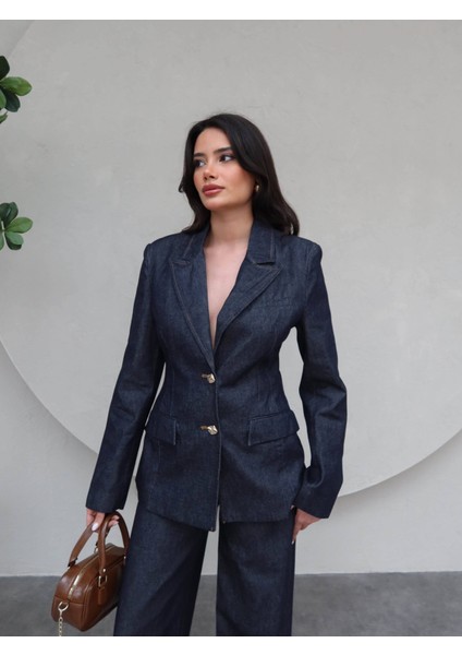 Gold Düğme Detaylı Denim Blazer Ceket