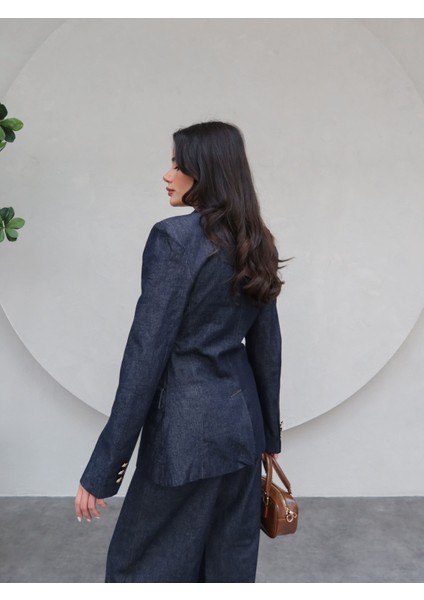 Gold Düğme Detaylı Denim Blazer Ceket