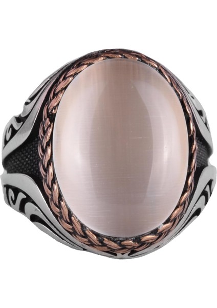 925 Ayar Gümüş Yüzük - Yapay Taş Gümüş Yüzük - El Yapımı Yüzük (Yapay Beyaz Kedi Gözü)