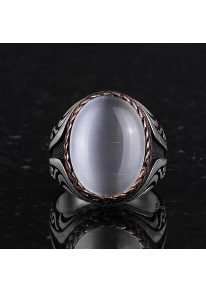 925 Ayar Gümüş Yüzük - Yapay Taş Gümüş Yüzük - El Yapımı Yüzük (Yapay Beyaz Kedi Gözü) fırsatları