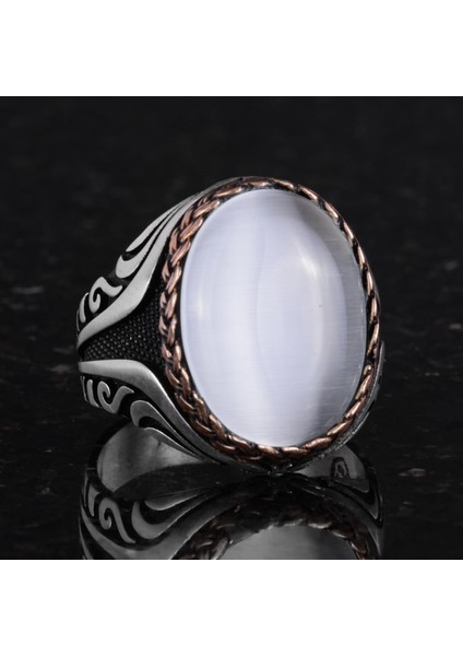 925 Ayar Gümüş Yüzük - Yapay Taş Gümüş Yüzük - El Yapımı Yüzük (Yapay Beyaz Kedi Gözü) indirimleri