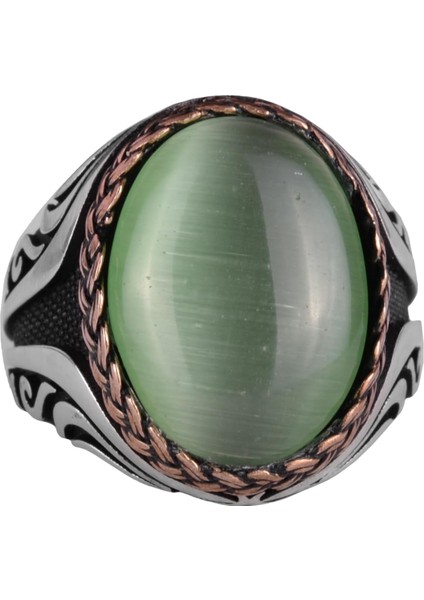 925 Ayar Gümüş Yüzük - Yapay Taş Gümüş Yüzük - El Yapımı Yüzük (Yapay Açık Yeşil Kedigözü)