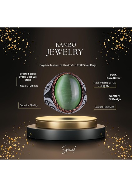 925 Ayar Gümüş Yüzük - Yapay Taş Gümüş Yüzük - El Yapımı Yüzük (Yapay Açık Yeşil Kedigözü) fiyatları