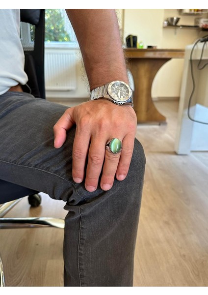 925 Ayar Gümüş Yüzük - Yapay Taş Gümüş Yüzük - El Yapımı Yüzük (Yapay Açık Yeşil Kedigözü) modelleri