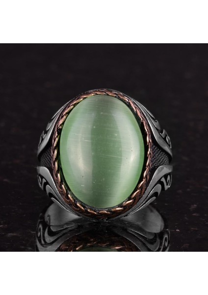 925 Ayar Gümüş Yüzük - Yapay Taş Gümüş Yüzük - El Yapımı Yüzük (Yapay Açık Yeşil Kedigözü) fırsatları