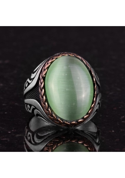 925 Ayar Gümüş Yüzük - Yapay Taş Gümüş Yüzük - El Yapımı Yüzük (Yapay Açık Yeşil Kedigözü) indirimleri