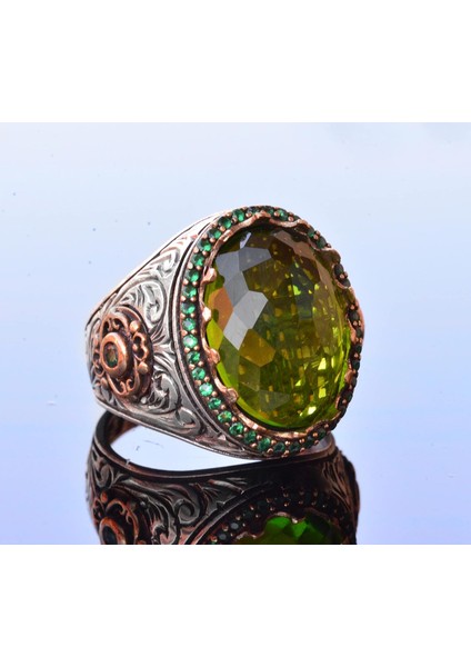 El Yapımı Gümüş Erkek Yüzük | Yeşil Yapay Peridot Taşı | Yenilenme ve Refah Tasarımı modelleri