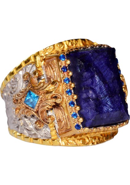 925 Ayar Gümüş Erkek Yüzük, Kral Yüzük, Doğal Safir Dikdörtgen Taş