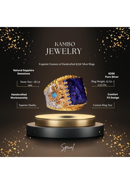 925 Ayar Gümüş Erkek Yüzük, Kral Yüzük, Doğal Safir Dikdörtgen Taş fiyatları