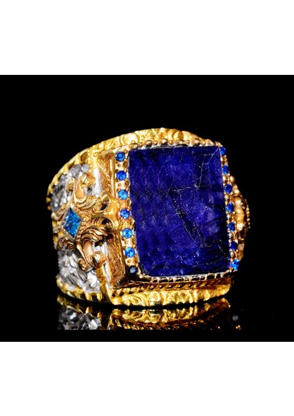 925 Ayar Gümüş Erkek Yüzük, Kral Yüzük, Doğal Safir Dikdörtgen Taş modelleri