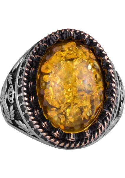 925 Ayar Gümüş Yüzük, Yapay Taş Yüzük, Kartal Sembolü Yüzük, El Yapımı Yüzük (Yapay Amber)